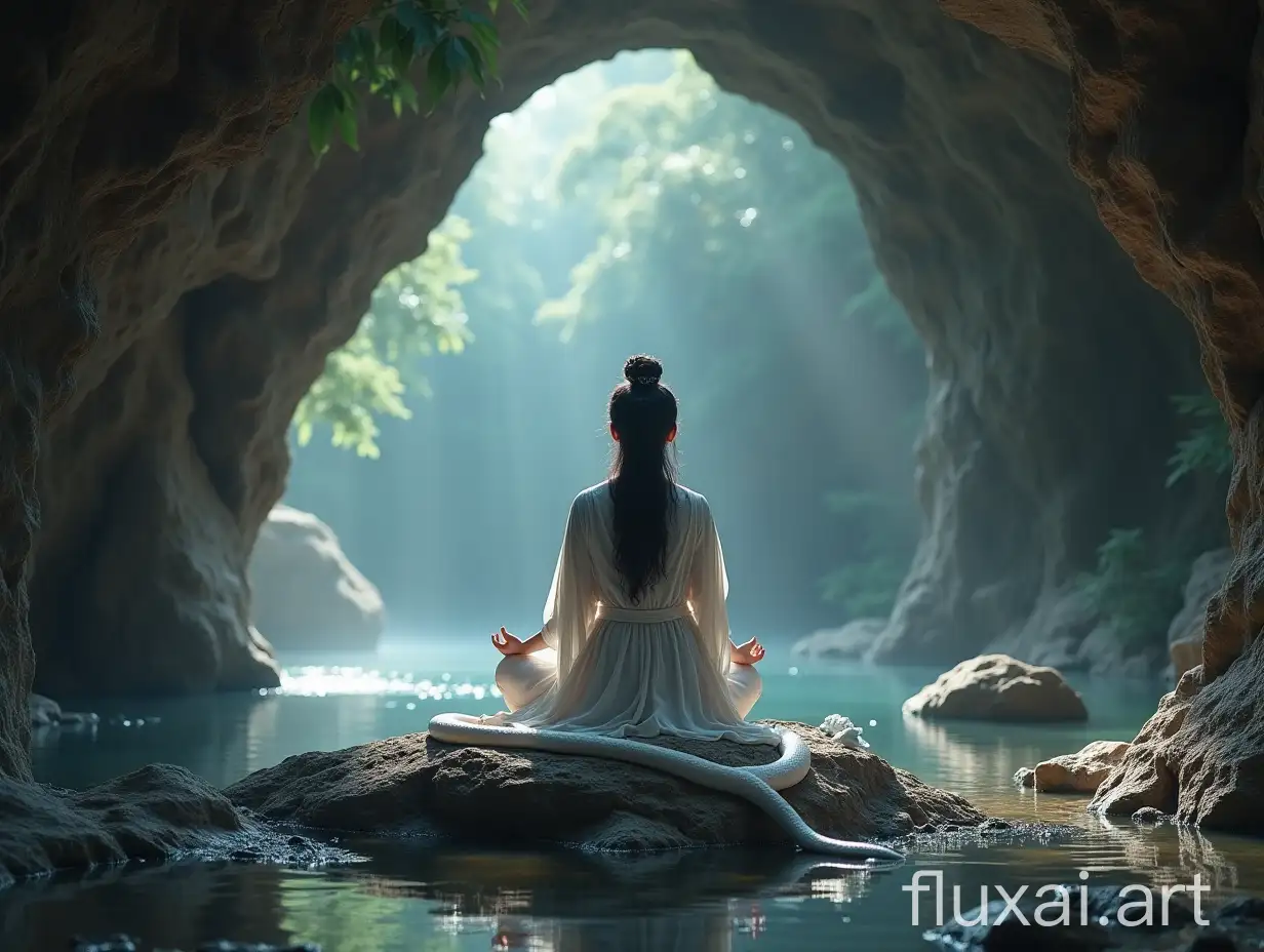 back view The interior of the cave is simple and full of fairy spirit, A young beautiful lady Asian Taoist priest in white rope with a big white snake tail sit on a rock meditating