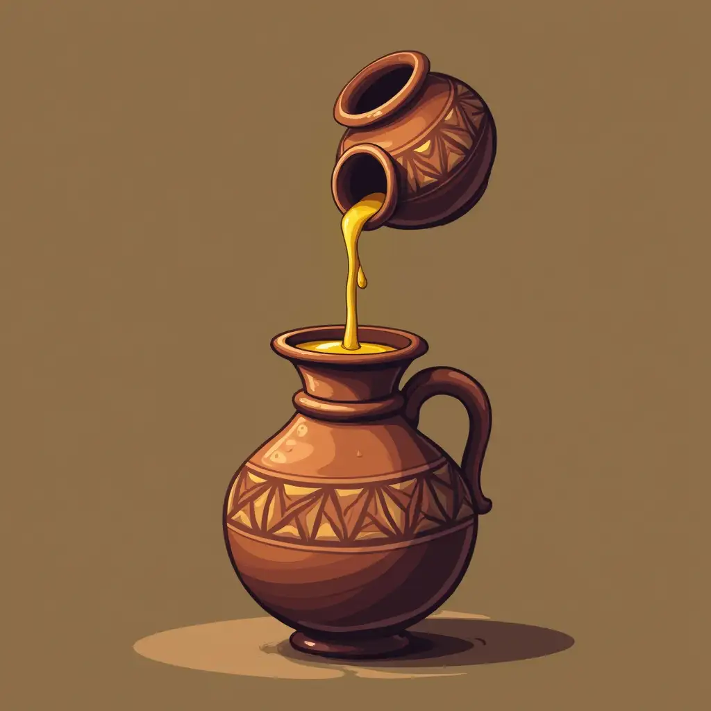 create an Logo of an small pottery jar pouring oil over an larger pottery jar. the motto should write Zoti Siguron