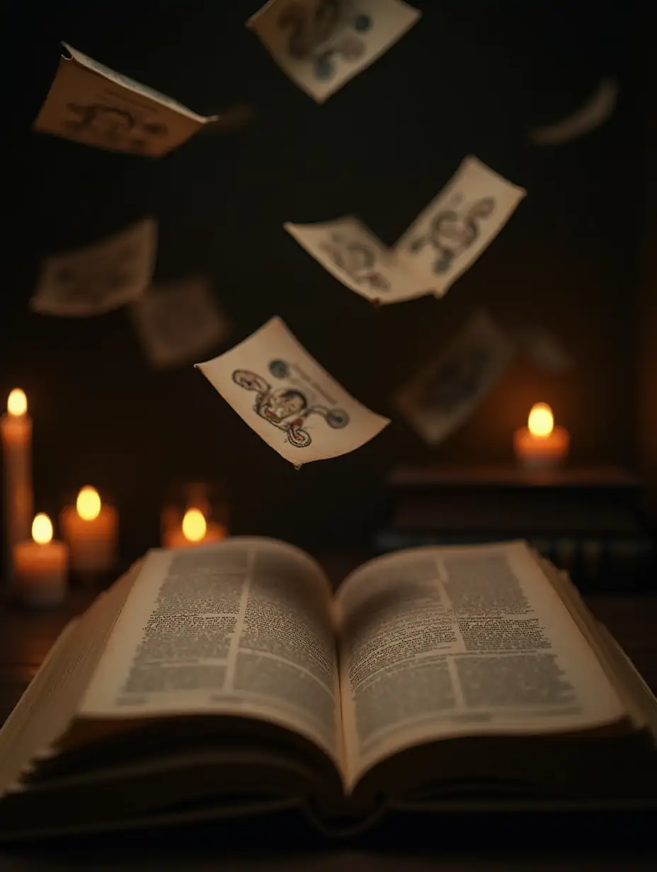 17th-Century-Opened-Book-with-Flying-Pages-Featuring-Beautiful-Womens-Faces-in-Candlelit-Room