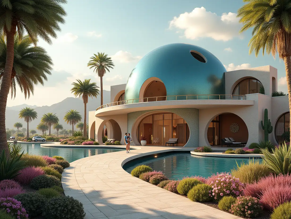 Create a high-resolution, realistic panorama image of a futuristic terrace building with window globe palace with bridge, one and one with people, many plants and colorful flowers White and brown facades in front of the sidewalk of the desert oasis, large trees, very cloudy sky