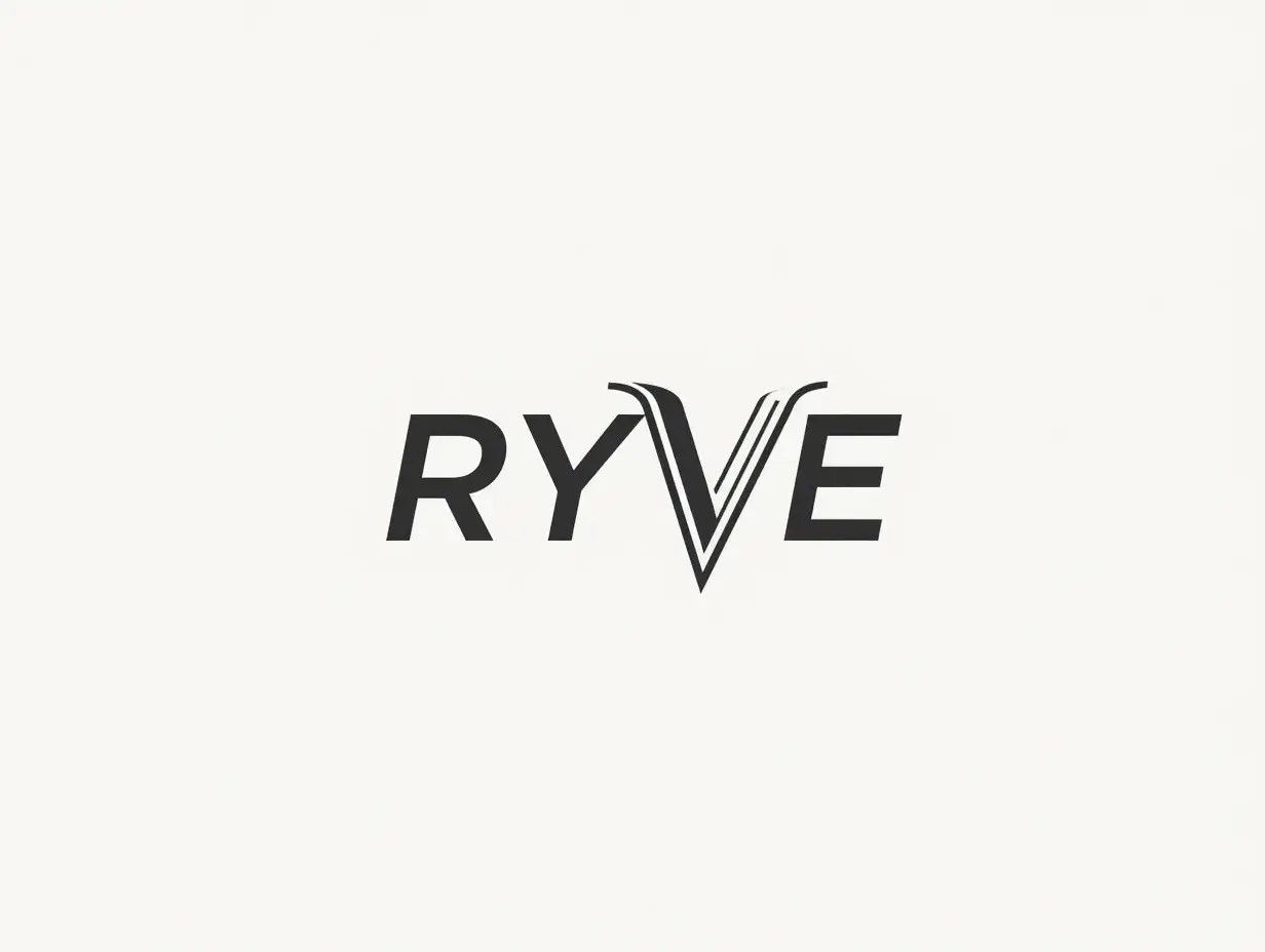 Create a RYVE brand logo in a strict minimalist style similar to the Bork logo. • **Font**: Geometric sans-serif without serifs, close to Helvetica Neue Bold - clear lines, neutral proportions, slightly compressed letters. • **Letters**: R, Y, V, E capital, monochrome (black/dark gray), with neat roundings on the corners to soften the strictness. • **Special accent**: Letter Y should be clearly visible, with diagonal lines at a 45-degree angle and smooth rounding at the point of connection. • **Composition**: The name RYVE is centered, without additional graphic elements. Maximum contrast between letters and background. • **Style**: Flat design, matte texture, premium and technological feeling.