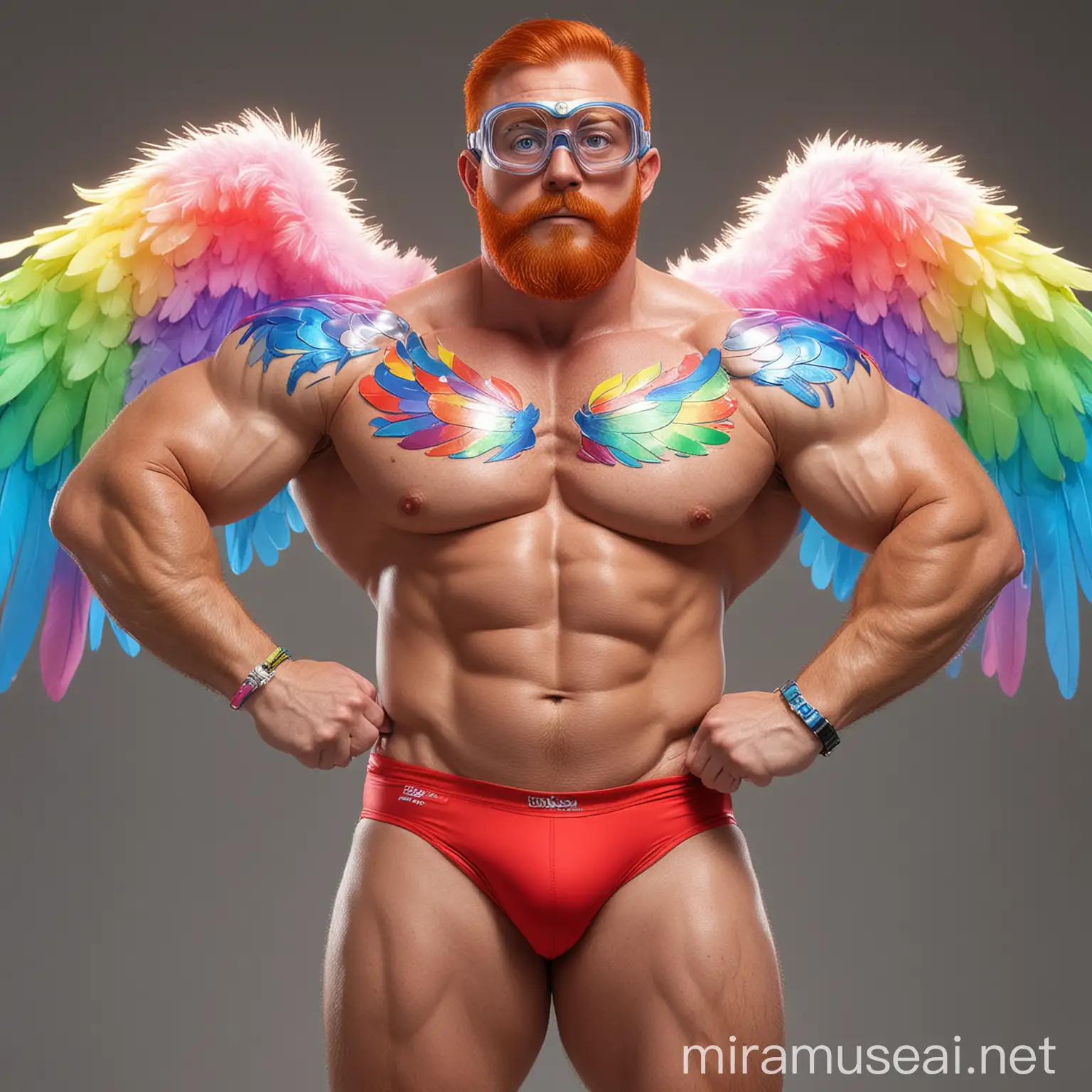 Muscular Bodybuilder Dad Flexing in Colorful Rainbow Jacket and Eagle Wings