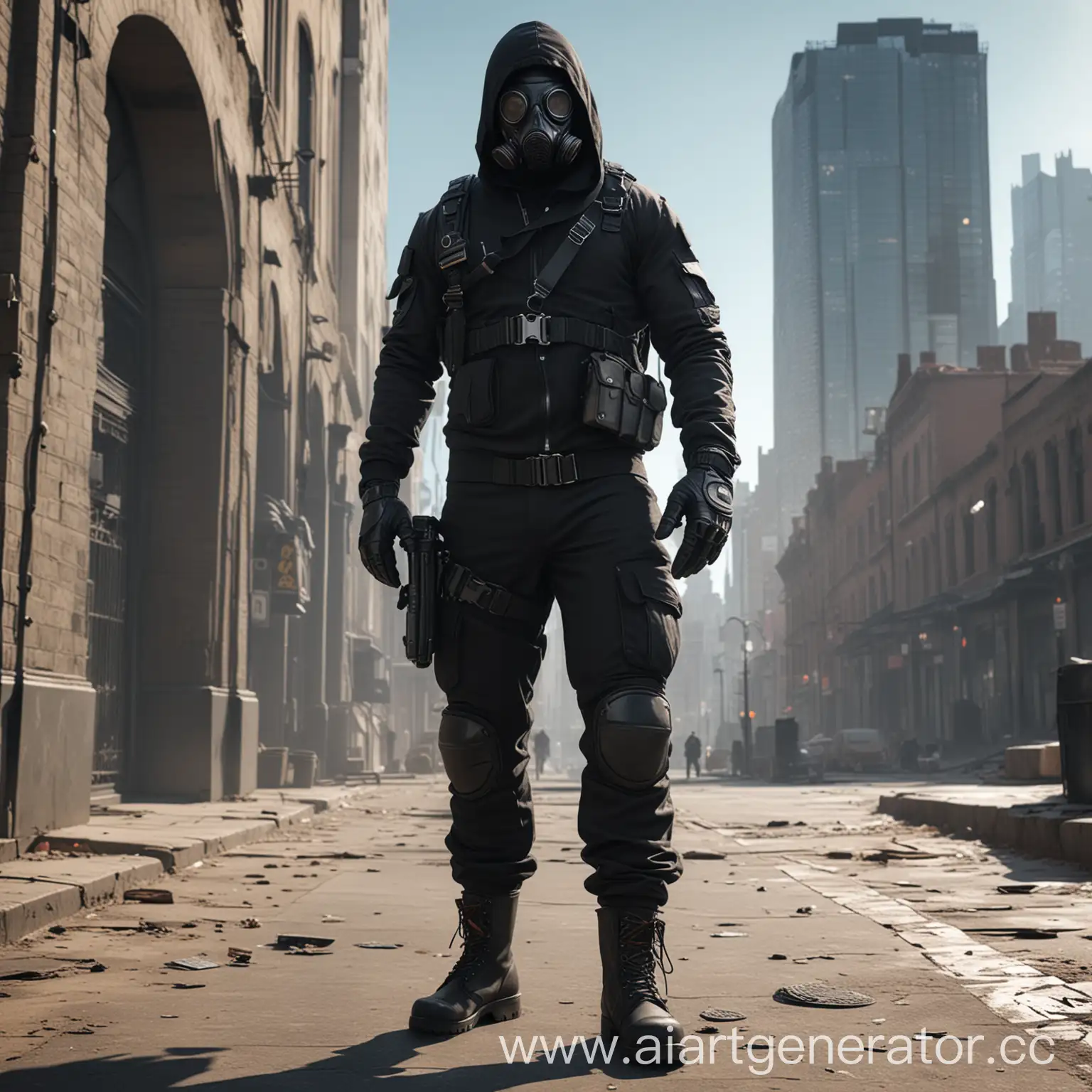 Urban-Tactical-Operator-in-Black-Gear-and-Gas-Mask-on-Sunny-Day