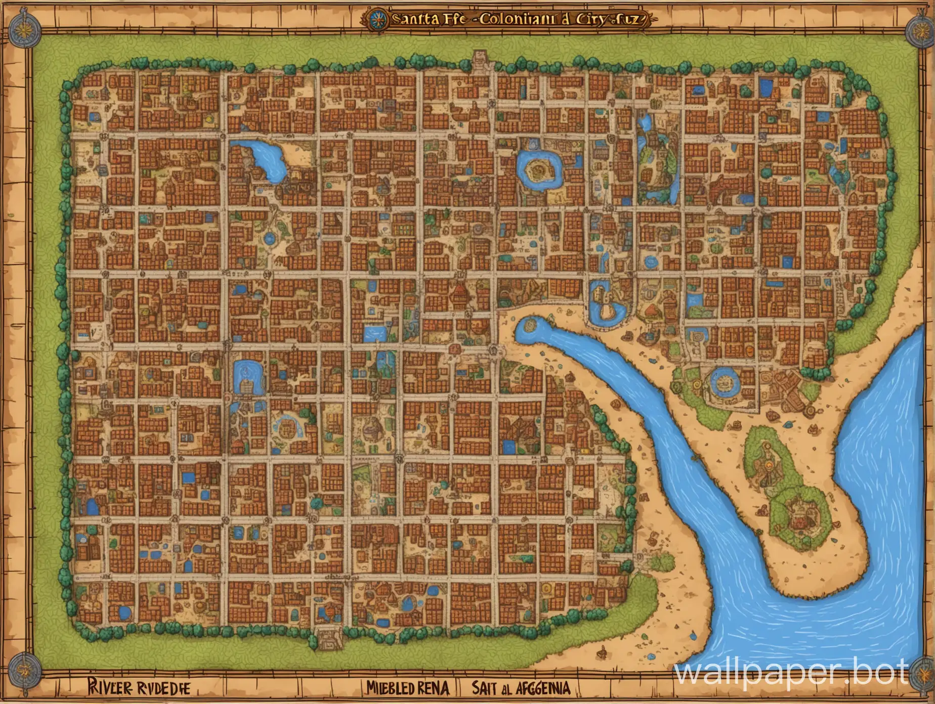 2d hand drawn colorful top down videogame map of colonial city in 1619 santa fe de la vera cruz argentina, 6 x 9 square street grid, indigenous population, riverside, litoral setting, world of warcraft rumble,