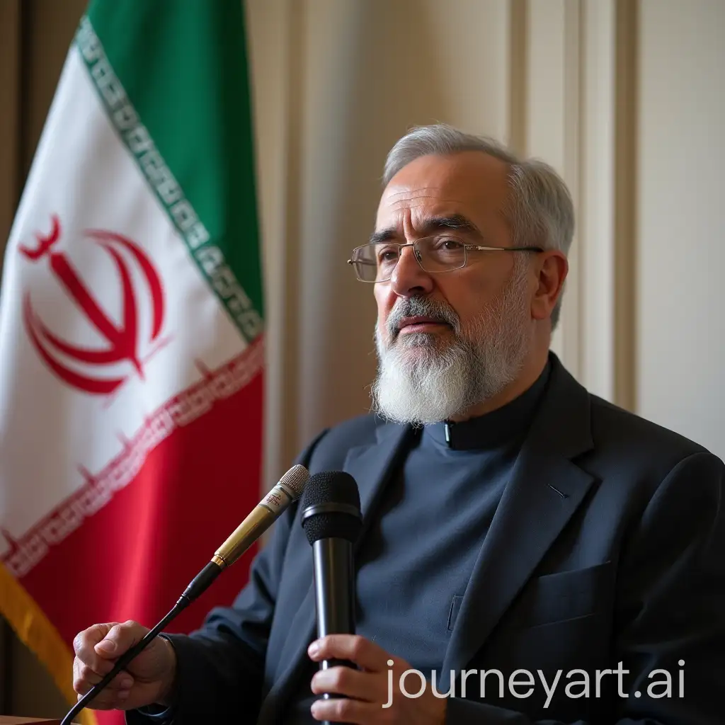 Iranian-Reporter-Holding-Microphone-with-Flag-in-Background