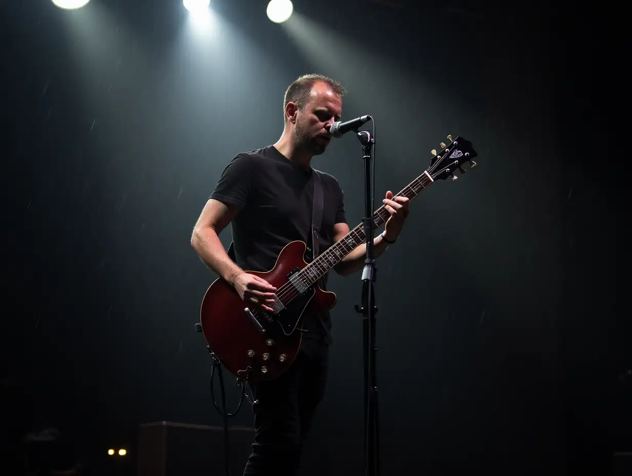 A man with a guitar, not looking at his face, spotlights, rain drops