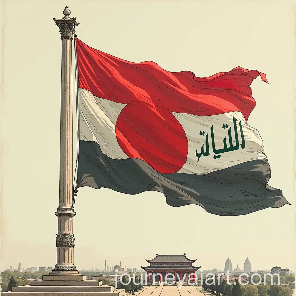 AI-Art-Prompt-ExpansionFlag-of-Japan-1944-with-Iraqi-Inscription-and-Majestic-Column-Display