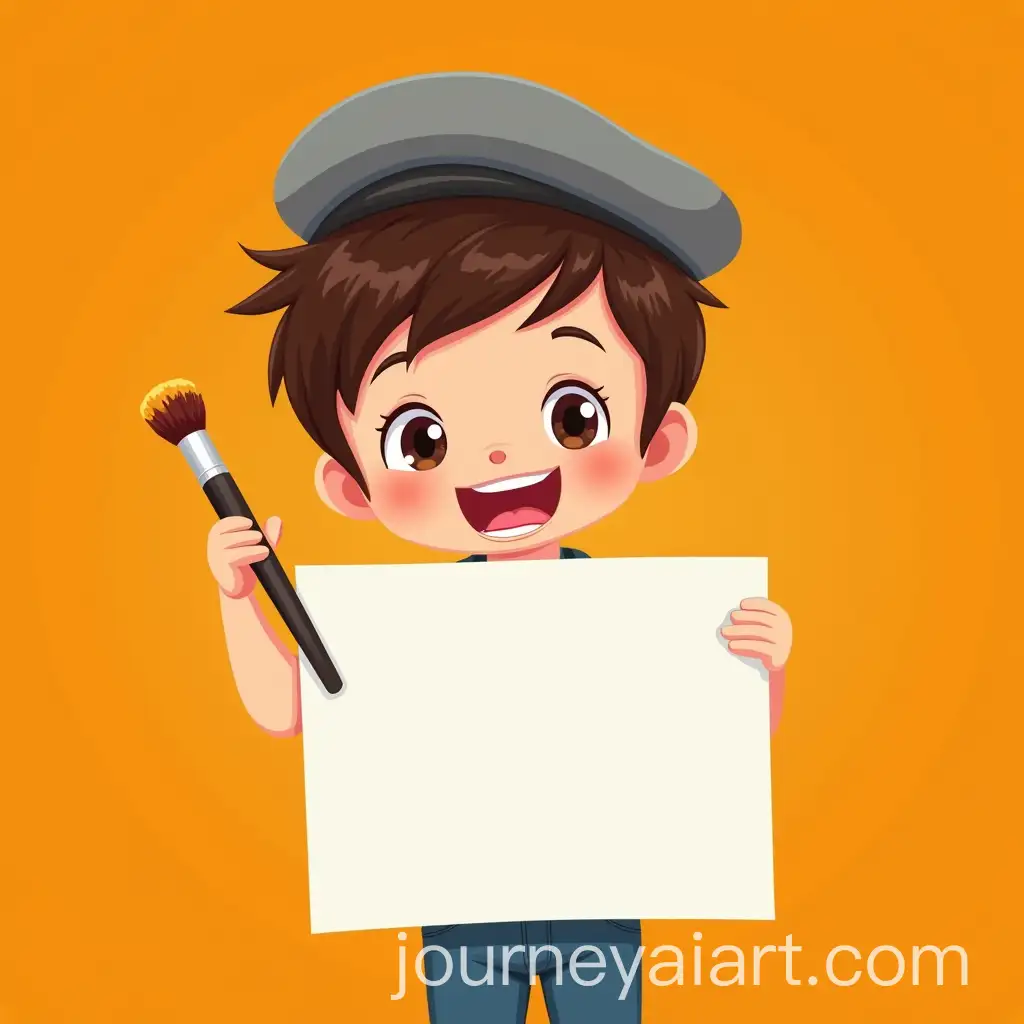 Kid-Holding-Painting-with-Brush-and-Beret-in-Cartoon-Style-on-Orange-Background