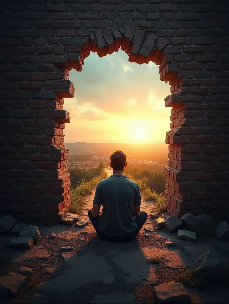 A picture showing a person sitting in front of a broken brick wall, symbolizing failure. Through the holes in the wall, a bright landscape with a path leading to a horizon full of light and opportunities can be seen. The person gets up with determination, leaving behind the ruins of their failure. The dark tones of the wall contrast with the warm and bright colors of the horizon, symbolizing the transition from failure to opportunity