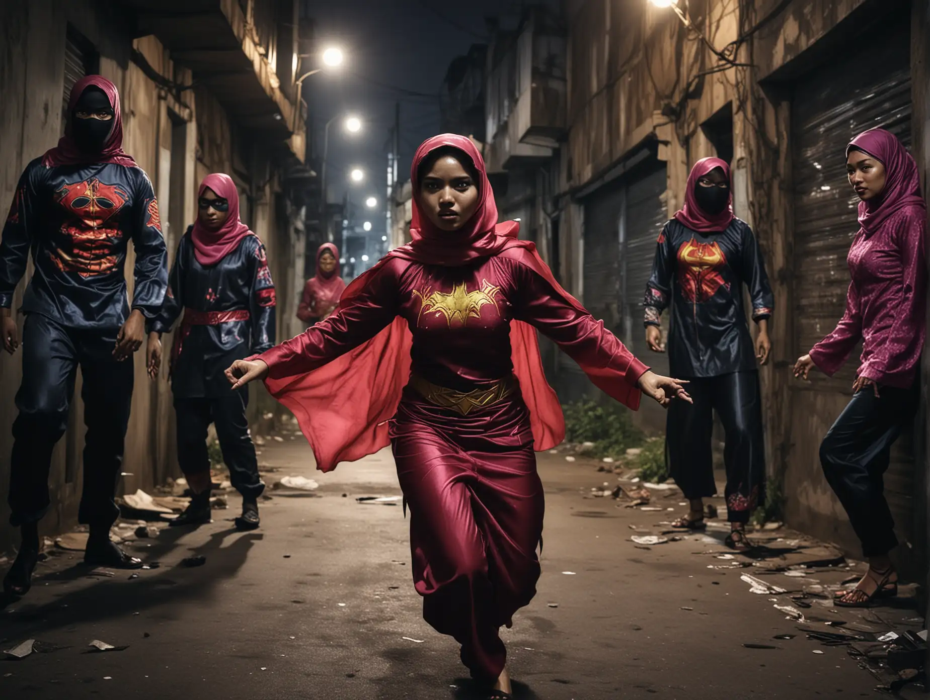 Malay woman superhero in baju kurung inspired superhero suit getting ambushed by thugs in a dark alley at night