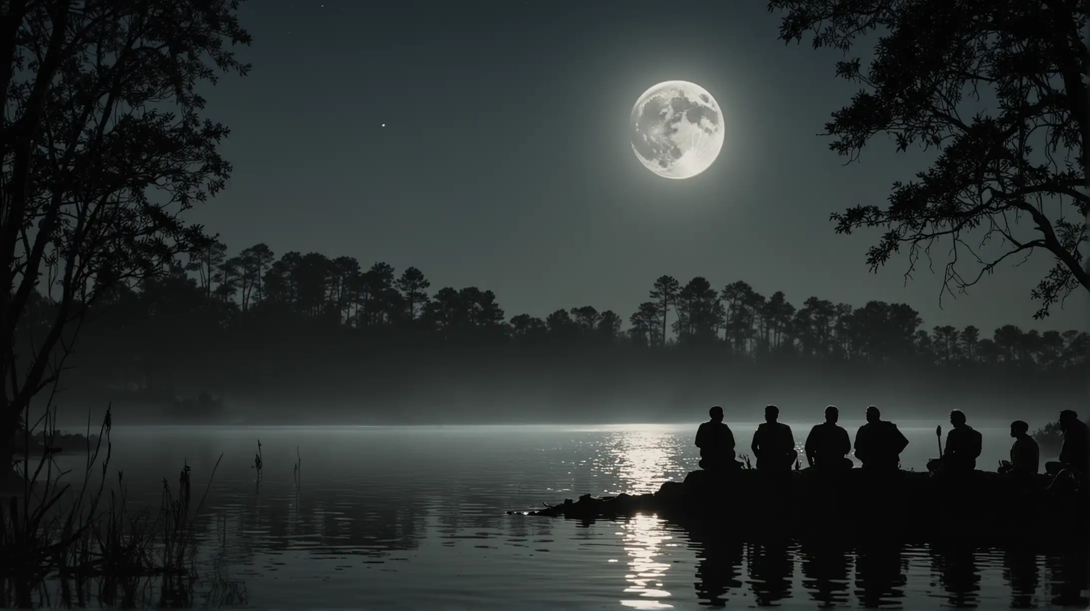 Silhouette of Five MiddleAged Men by the Lake with Moonlit Trees