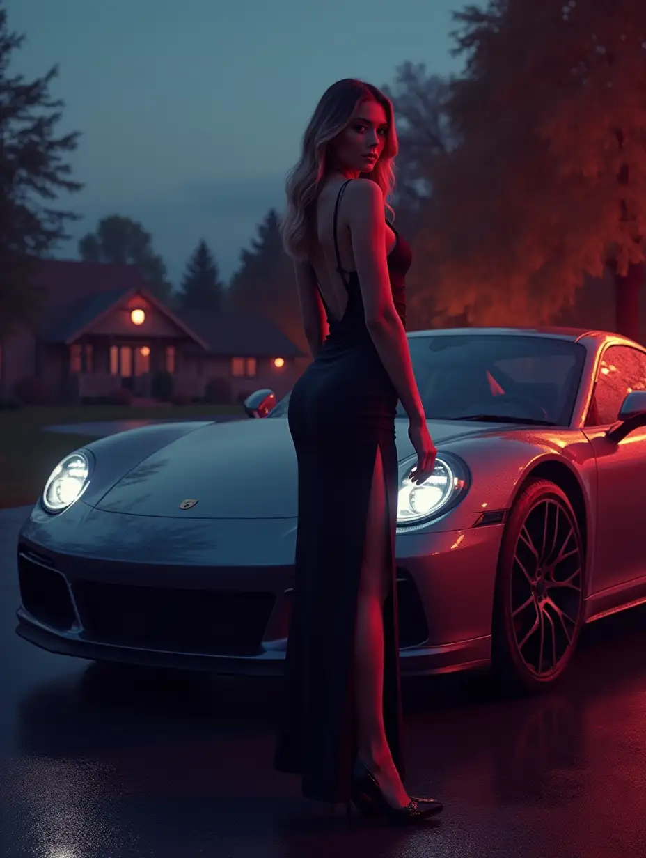 A masterpiece of digital painting, an acrylic image, a photographic record. A beautiful adult woman in a long tight-fitting dress with a deep slit, posing against the background of a cool modern luxury car. Against the background of an evening landscape with a cool rich cottage. Cinematic and detailed. Details of glitter, radiance, neon, glitter, haze and glow.