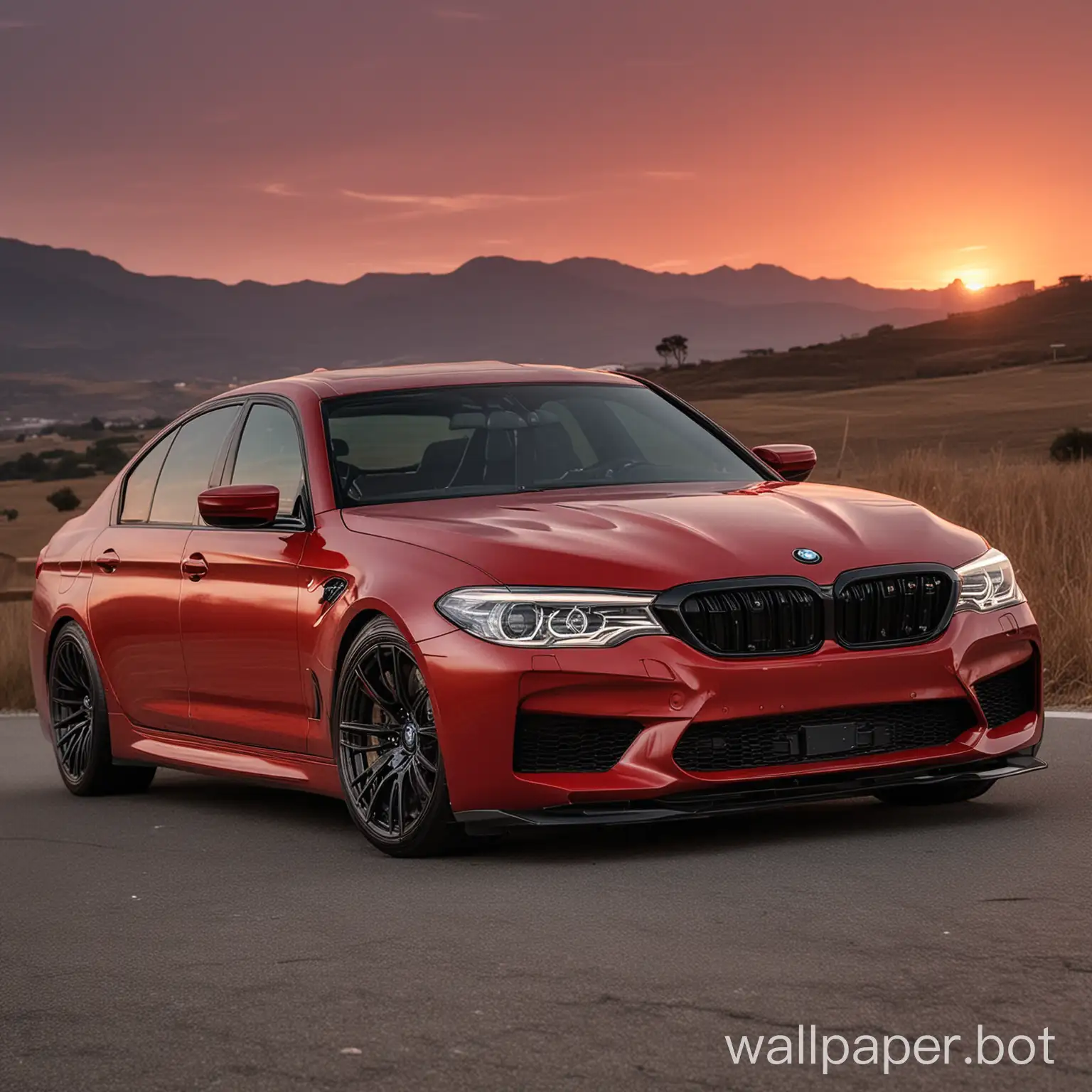 red bmw m5 with sunset
