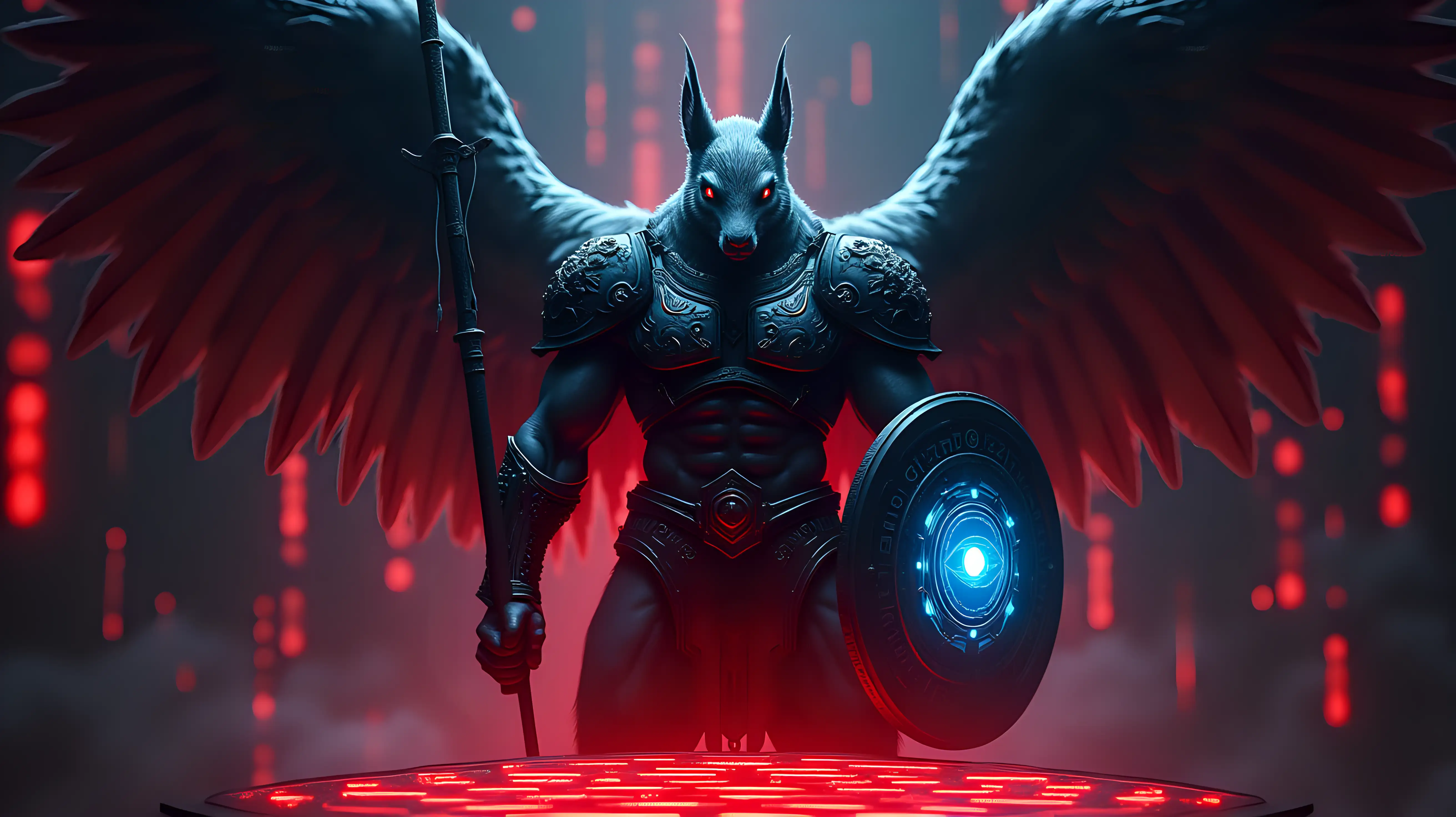 Dark, cyberpunk-inspired scene with glowing red and blue light. A majestic, muscular male angel with distinctly squirrel-like features stands at the center: short fur over his face, large forward-tilted eyes, tall rounded ears, and a thick bushy tail arcing behind him. He wears ornate celestial armor etched with cryptographic runes, and large glowing wings extend from his back. In one hand he holds a long divine spear, in the other a shield engraved with an eye-inside-hexagon emblem. He looks down with stern vigilance through a glowing hexagonal tessellated grid below. Background features digital code, shadows, and tech patterns — symbolizing divine protection in cyberspace.