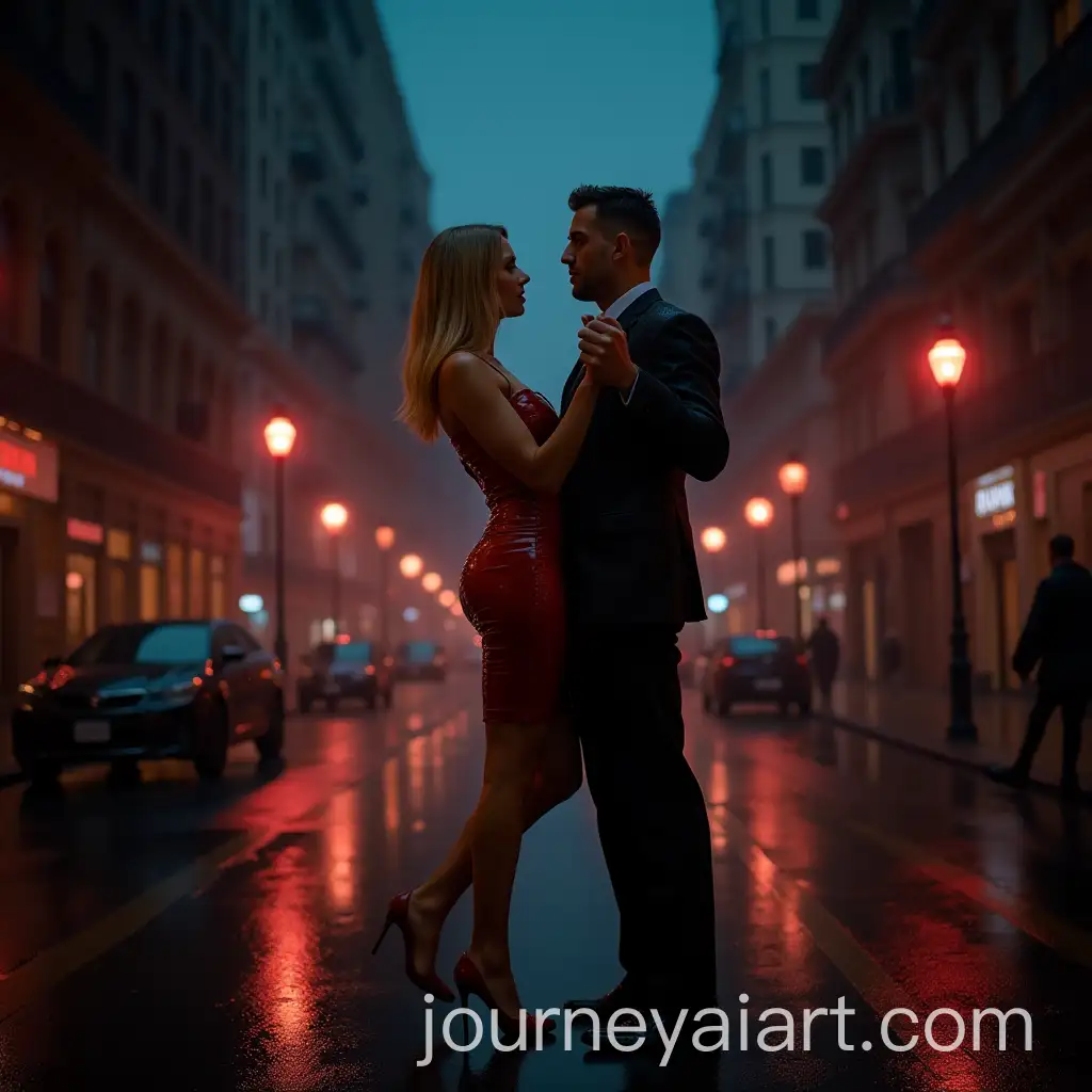 Rainy-Evening-Cityscape-with-Blonde-and-Brunette-American-Girls-in-Latex-Dresses