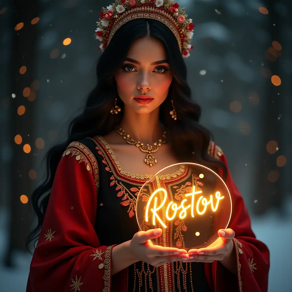 A tall, elegant woman with dark hair, warm olive skin, and striking, expressive eyes. She wears a rich, red and black traditional Cossack dress, intricately embroidered with golden patterns, symbolizing the history and strength of her people. A beautifully crafted kokoshnik rests atop her head, decorated with delicate beads and floral details. In her hands, she holds a glowing transparent plaque with the neon letters 'Krasnodar' or 'Rostov' in bright gold, echoing the festive New Year spirit. The background sparkles with soft snowflakes and twinkling stars, evoking a warm, southern winter night.