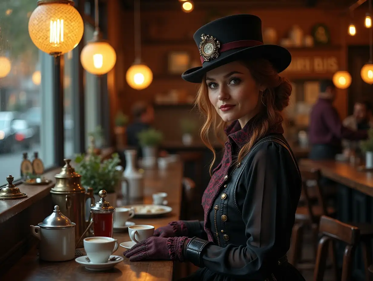 Steampunk Woman Managing a VictorianEra Street Cafe