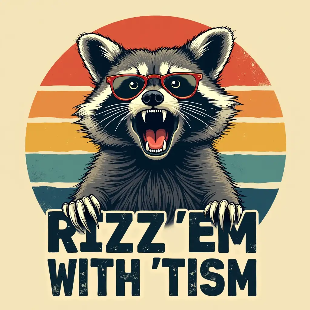 Stylized-Raccoon-with-Glasses-and-Bold-RIZZ-EM-WITH-THE-TISM-Text-in-Retro-Sunset-Design