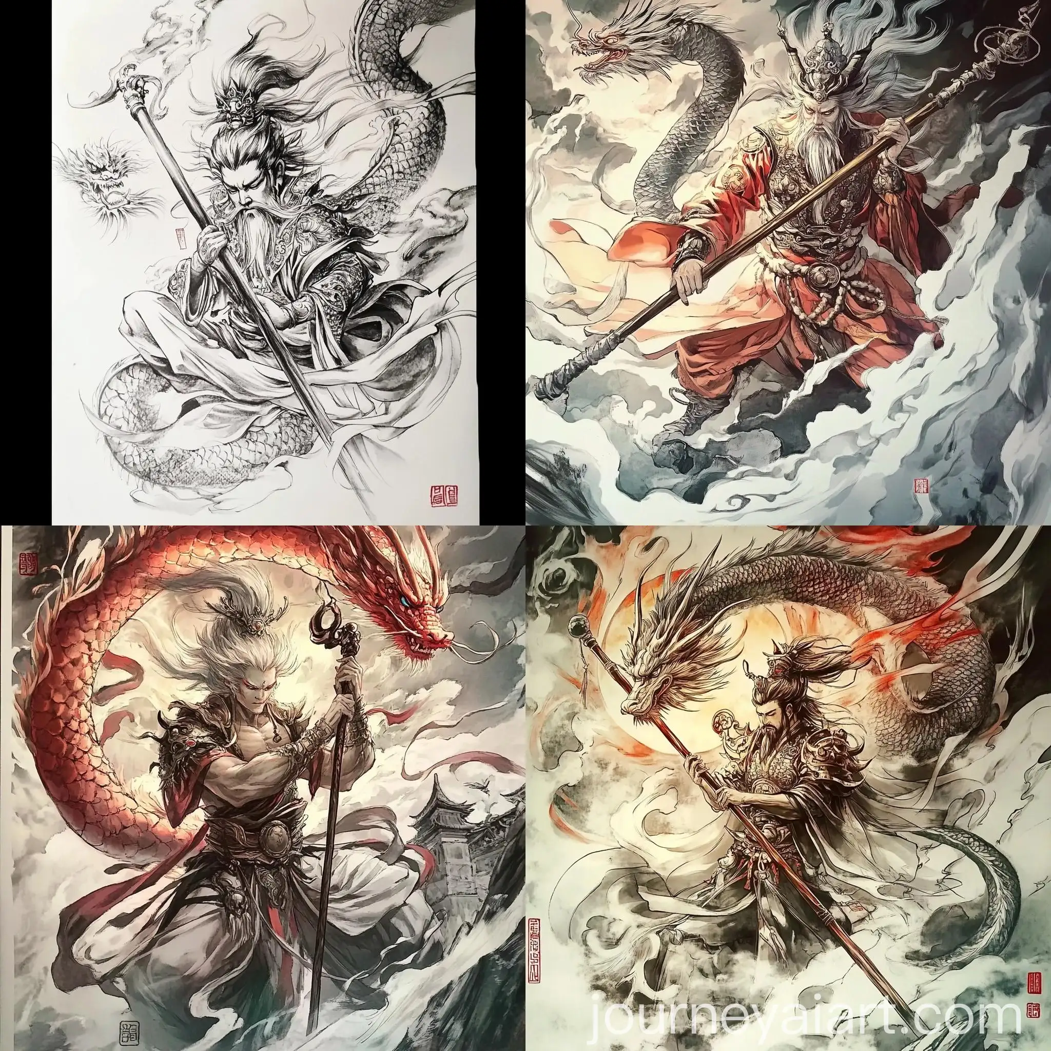 Realistic-Sun-Wukong-Praying-with-Sacred-Staff-and-Chinese-Dragon