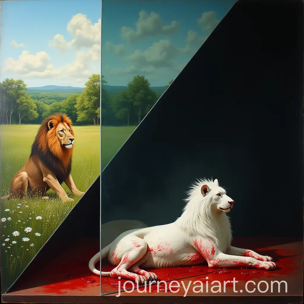 Majestic-Lion-and-Defeated-Phoenix-Divided-by-a-Glass-Wall-in-a-Dramatic-Landscape