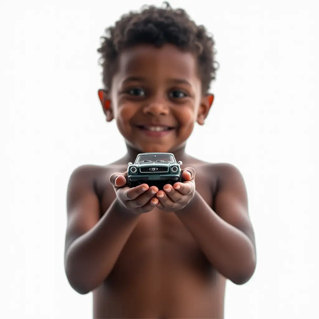 shirtless little black boy with car toy in hands transparent background