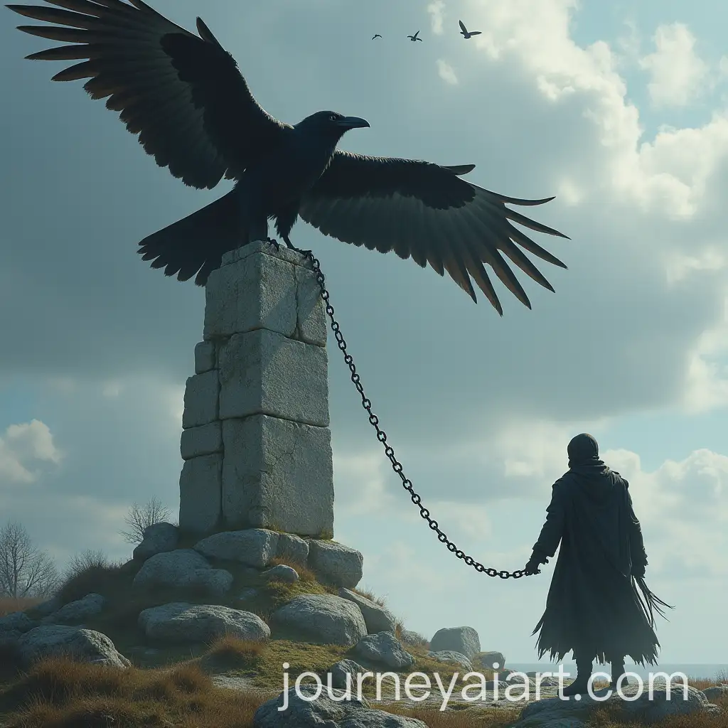Raven-Chained-to-Stone-Man-Struggling-to-Fly