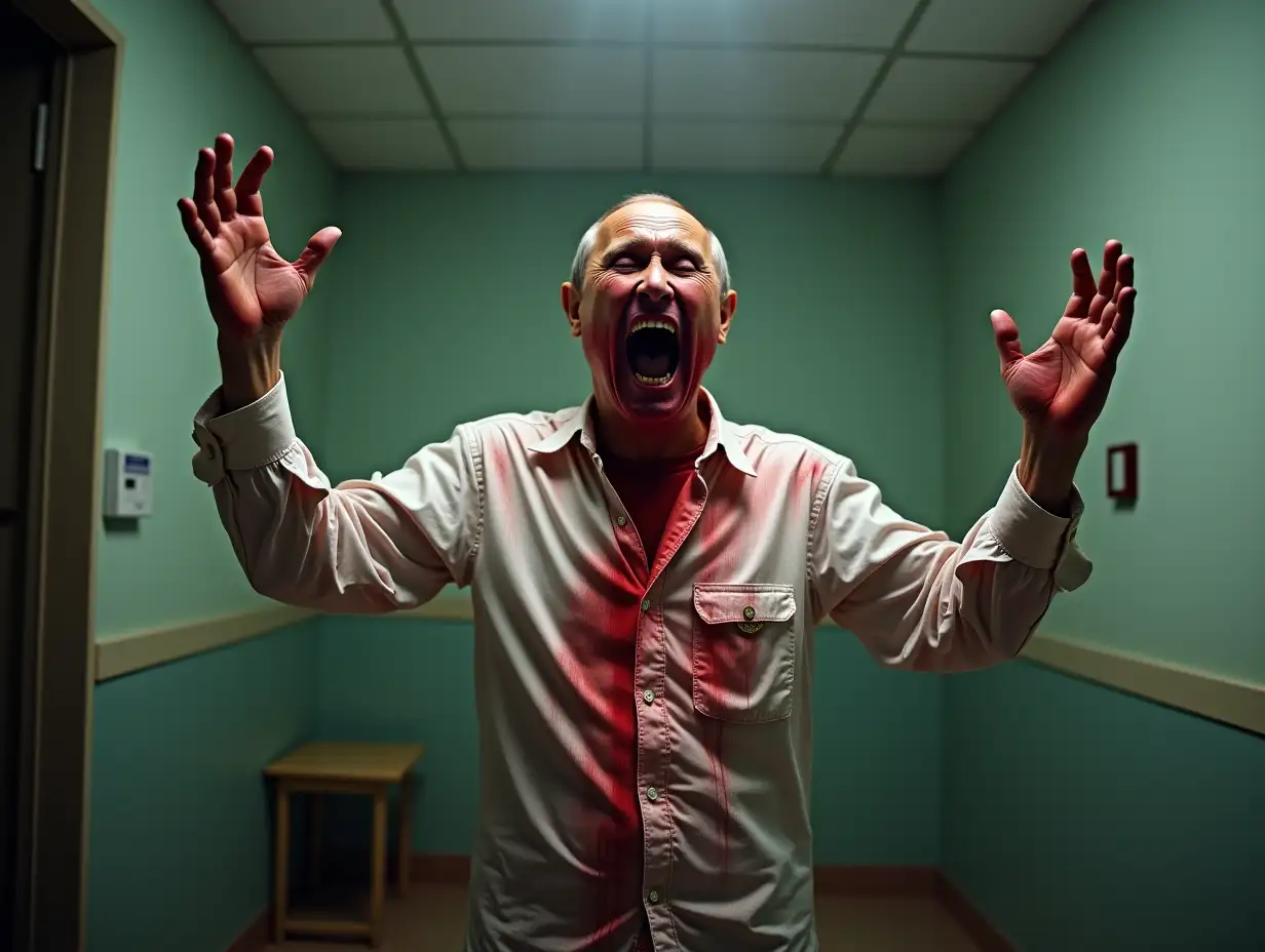 The mentally unhealthy Putin shouts with raised arms in fear and anger at a mental clinic, his clothes and face covered in blood, photorealism, photo taken on an old phone