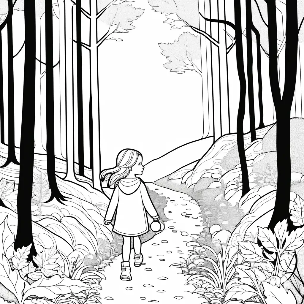 Girl-Walking-Through-Autumn-Woods-Coloring-Page-for-Kids