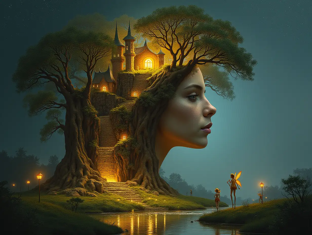 Creating a digital painting of a face with hair, that transforms into a building with gold stones and illuminated trees with roots river and lanterns and strange fairy creatures on a meadow