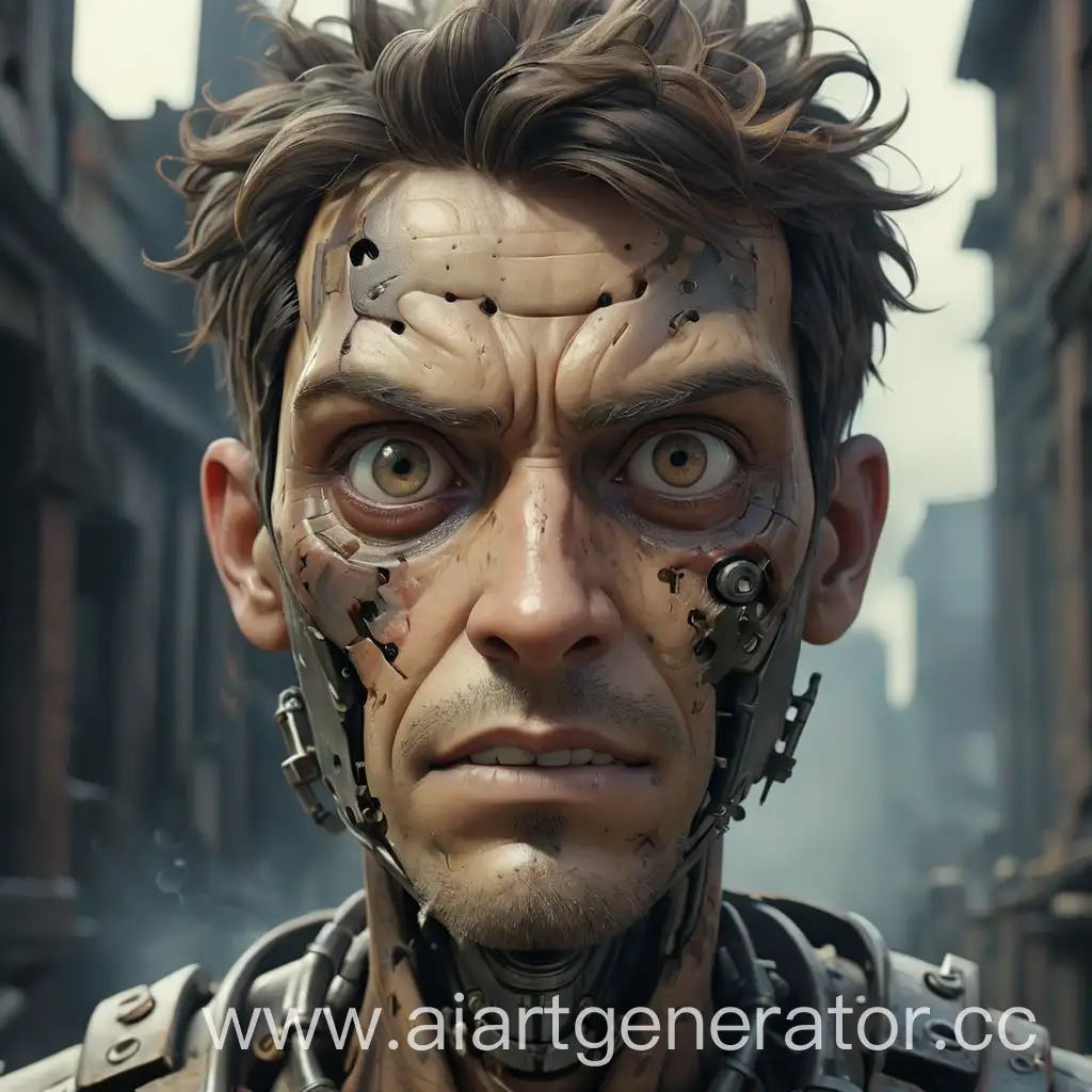 Cybernetic-Transformation-Mans-Face-Morphing-into-Robot-Amidst-Ruins