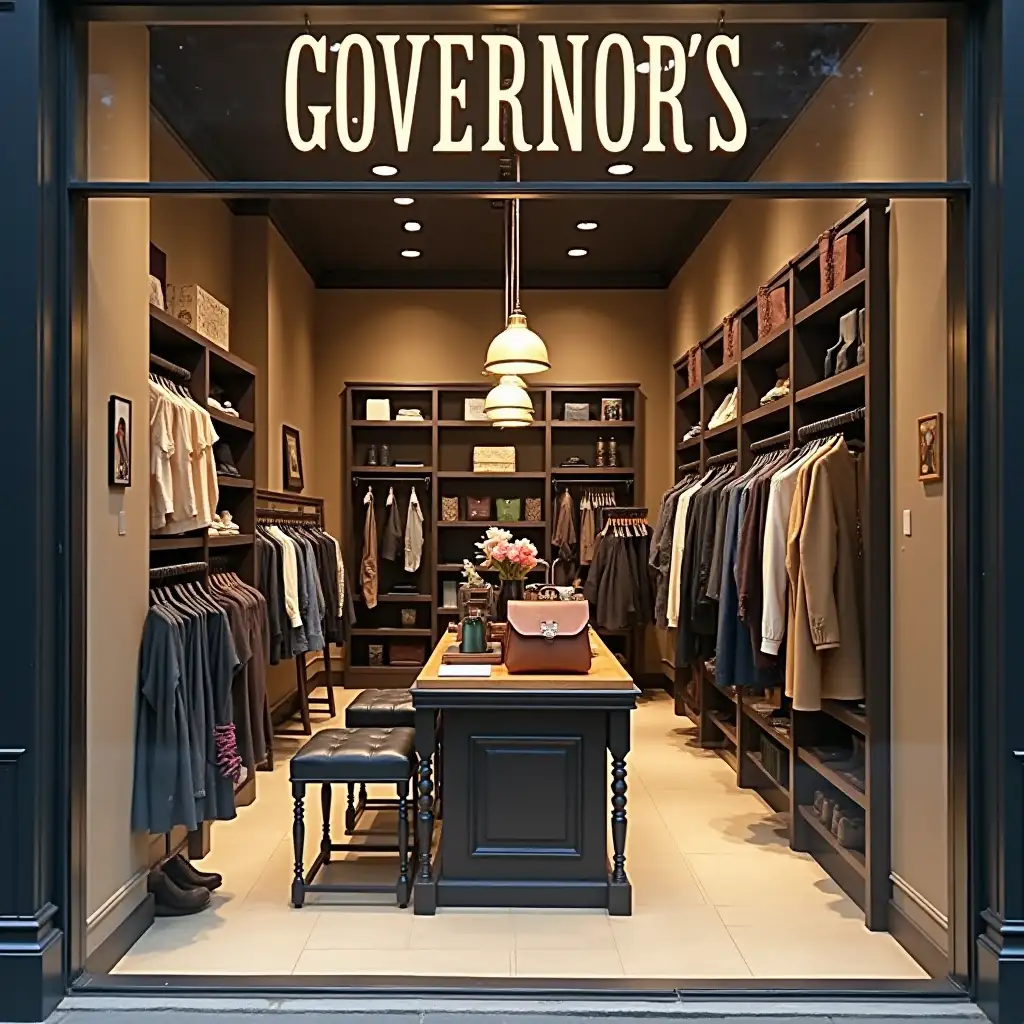 (GOVERNOR'S text logo), clothing store logo, bags, jewelry, shoes