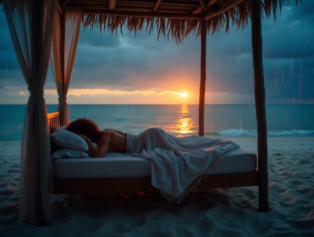 a beautiful, amazing and surreal image of a woman sleeping under the sheets of a double bed and the double bed is in the middle of a beautiful Brazilian beach while there is a heavy, bright rain with beautiful lights and the sunrise begins and you can glimpse the sun in the beautiful blue ocean of an incredible dark blue