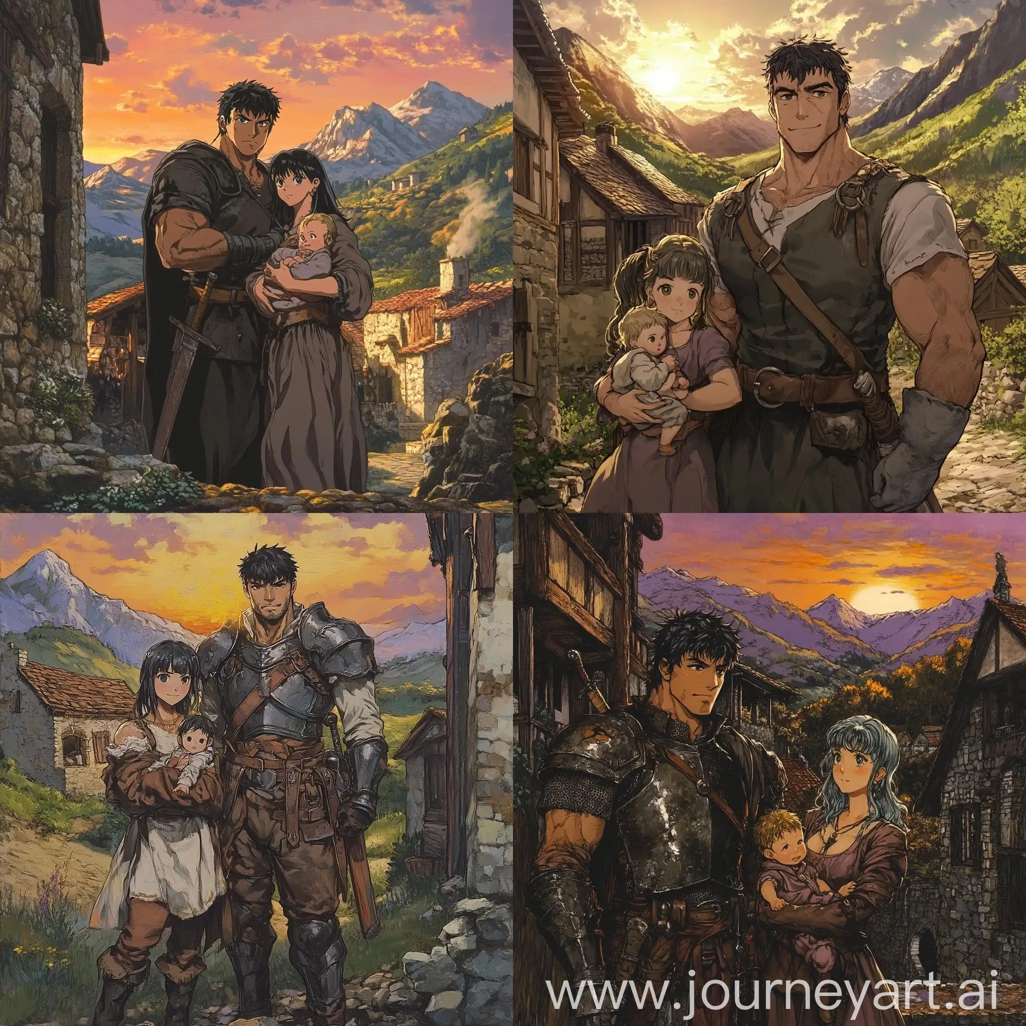 Medieval-Blacksmith-and-Farmer-with-Baby-at-Sunset