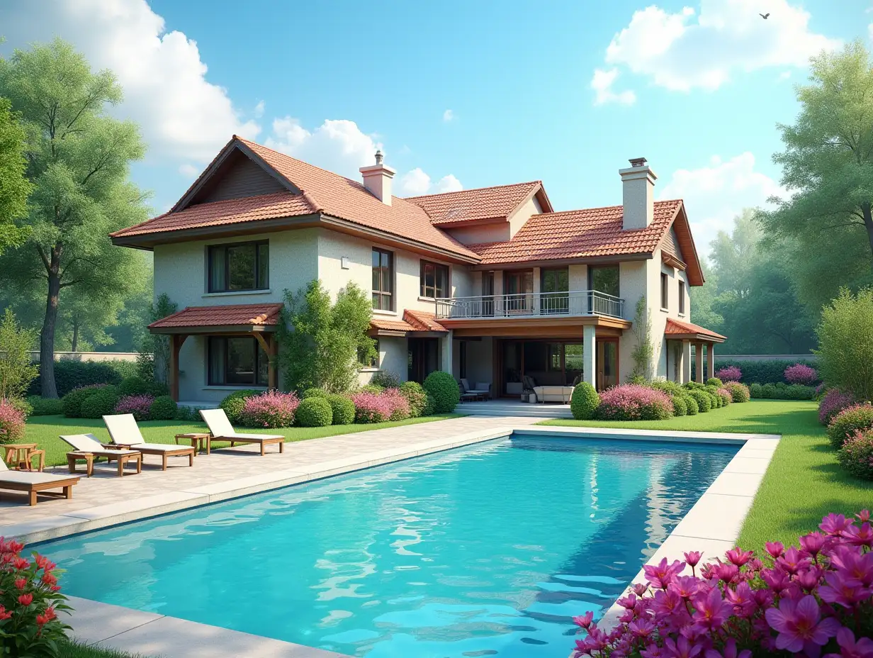 Create for me a house with a large garden and pool with a big house, colorful bushes