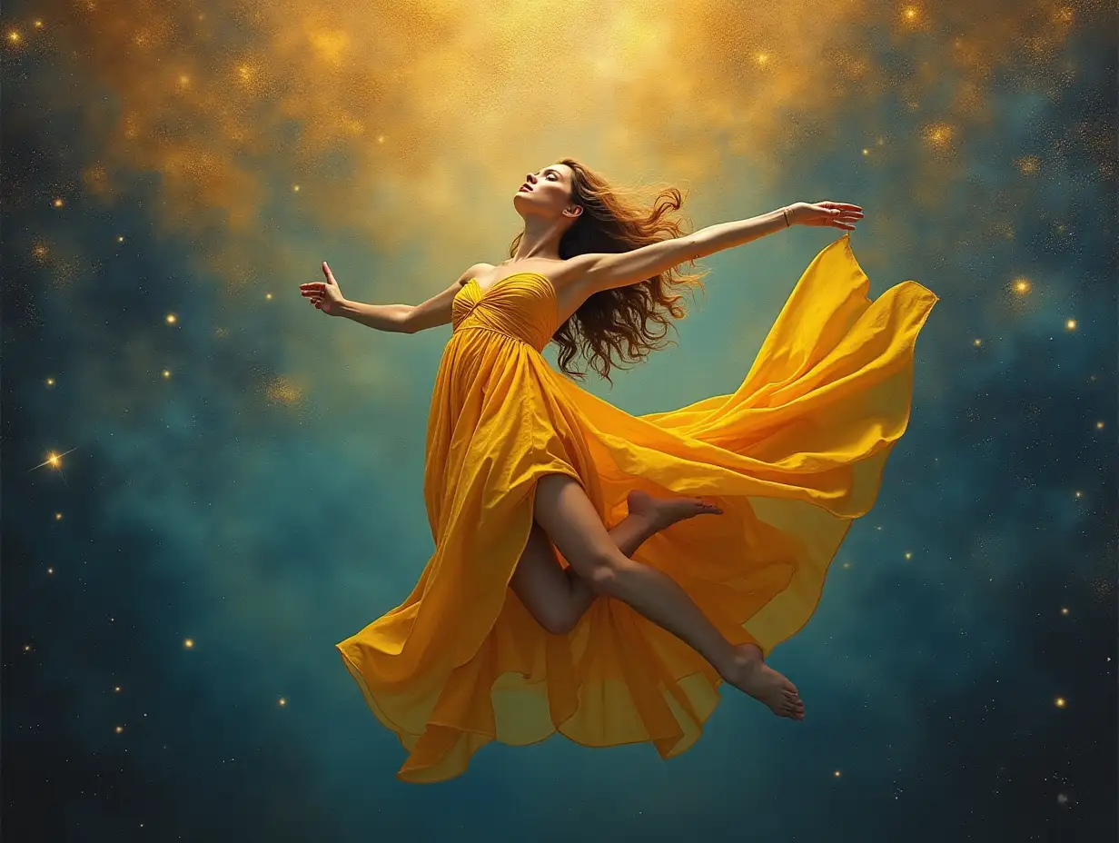 Gorgeous painted woman, in golden dress, hanging upside down, in the cosmos