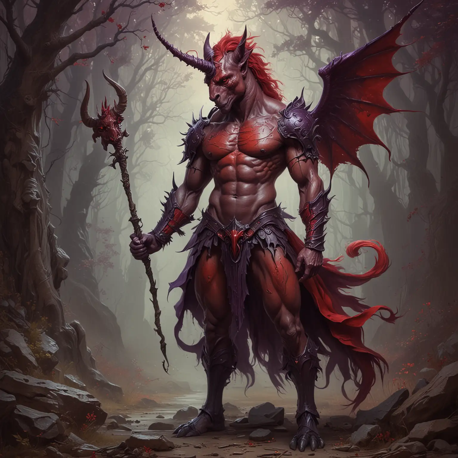 Mystical Unicorn Devil Man in Rugged Red and Dark Purple