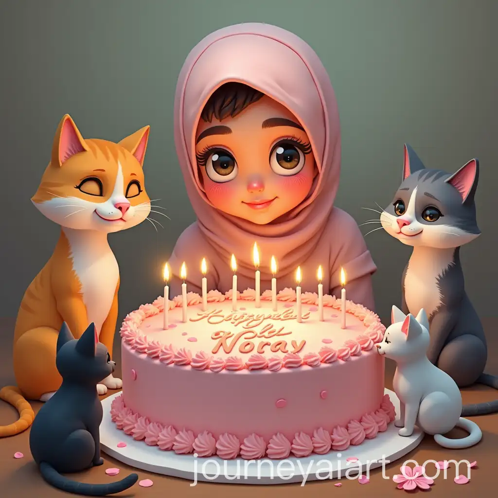 Cartoon-GirlAI-Art-Prompt-Expansion-in-Hijab-Writing-Noor-on-Birthday-Cake-with-Cats