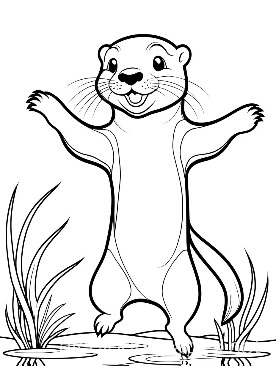 cute young Otter jumping, Coloring Page, black and white, line art, white background, Simplicity, Ample White Space. The background of the coloring page is plain white to make it easy for young children to color within the lines. The outlines of all the subjects are easy to distinguish, making it simple for kids to color without too much difficulty