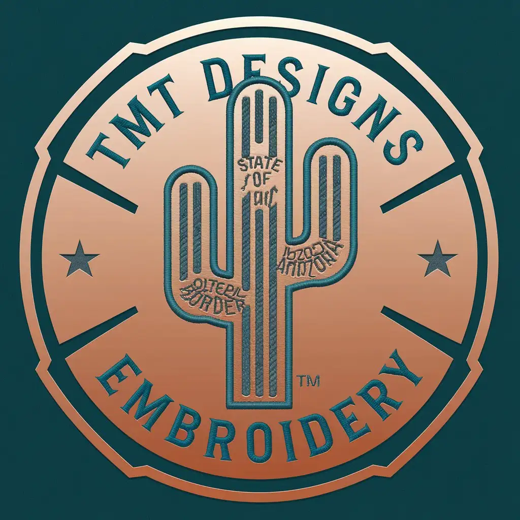 LOGO Design for TMT DESIGNS EMBROIDERY Arizona Border Cactus with Copper and Teal Colors