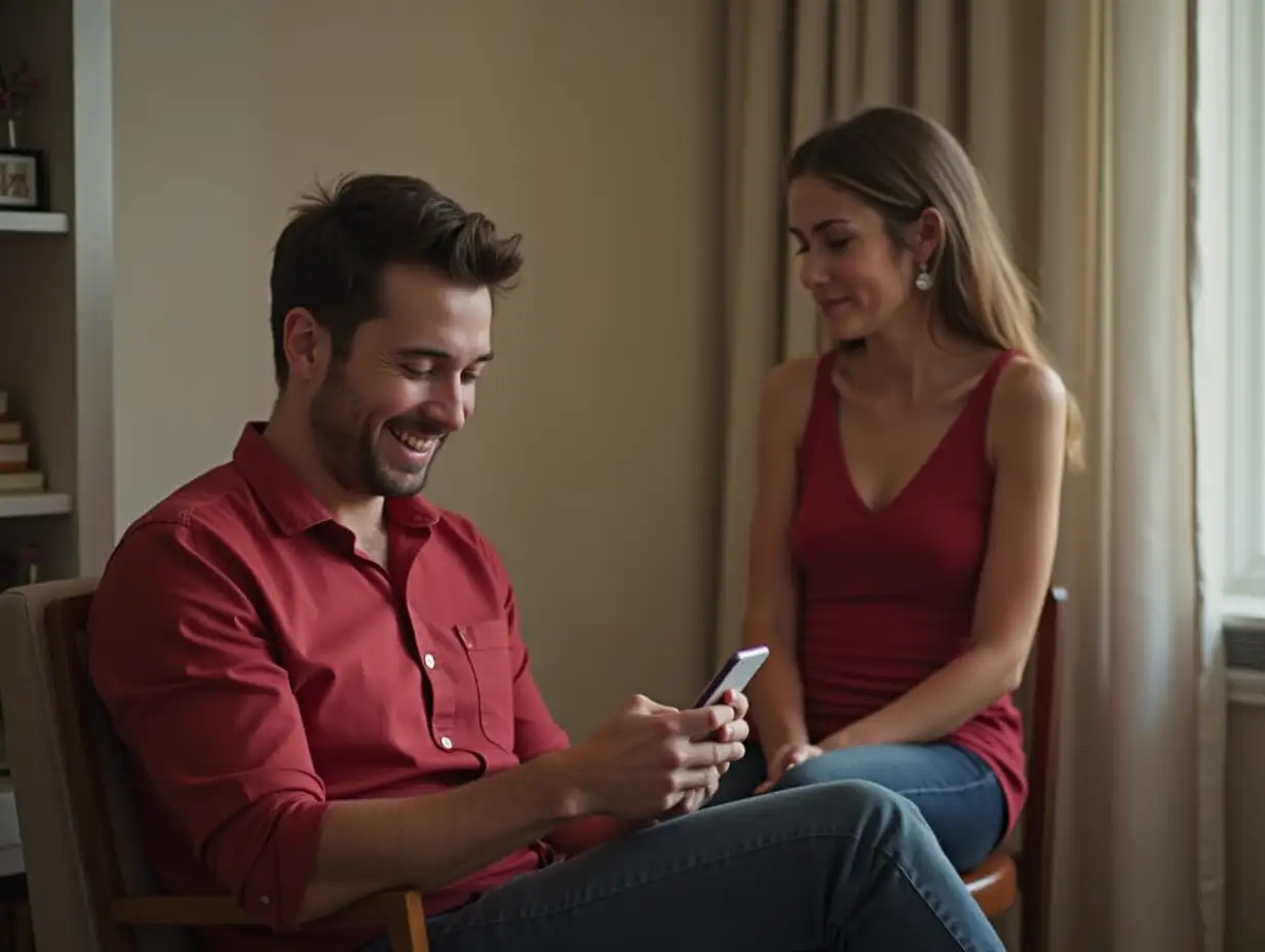 A man with red shirt and he is using mobile while sitting on a chair and I want a PNG with a beautiful girl