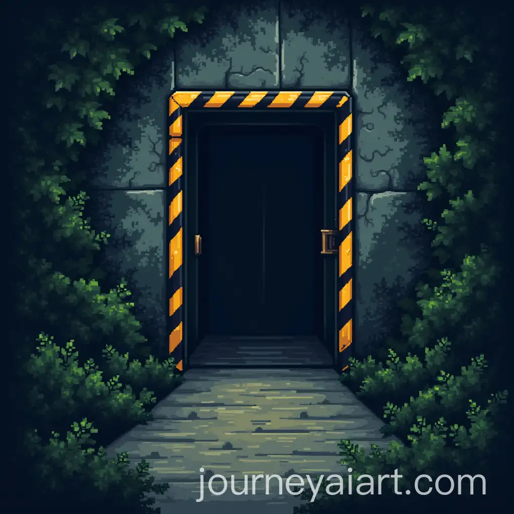 8Bit-Pixel-Art-of-Overgrown-Blast-Door-Leading-to-Underground-Bunker-with-Warning-Chevrons
