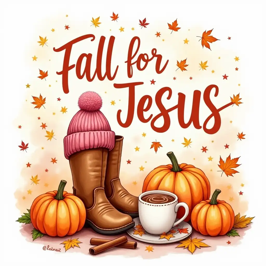 Vector, Alcohol Ink art. A vibrant fall scene featuring brown boots, a pink beanie, pumpkins, and a cup of hot chocolate. The phrase 'FALL FOR JESUS' is written in bold, cursive script above the image, and the phrase 'HE NEVER LEAVES' is written below. Cinnamon sticks and autumn leaves are scattered around. The image should have a warm, inviting aesthetic with detailed textures and vibrant colors. Elements such as the texture of the boots, the ripples in the hot chocolate, and the veins in the leaves should be clearly visible. The background should be a subtle watercolor wash with soft, blended colors.