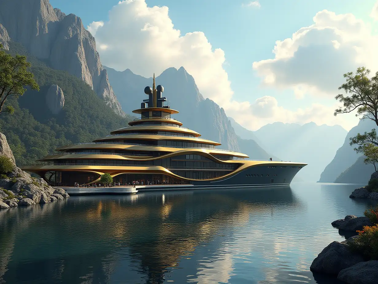 Create a high-resolution realistic image in 4k resolution of a futuristic gold and black building with curved pillars, mountains, large trees, rocks, flowers, a futuristic very large yacht with glass deck and cloudy sky