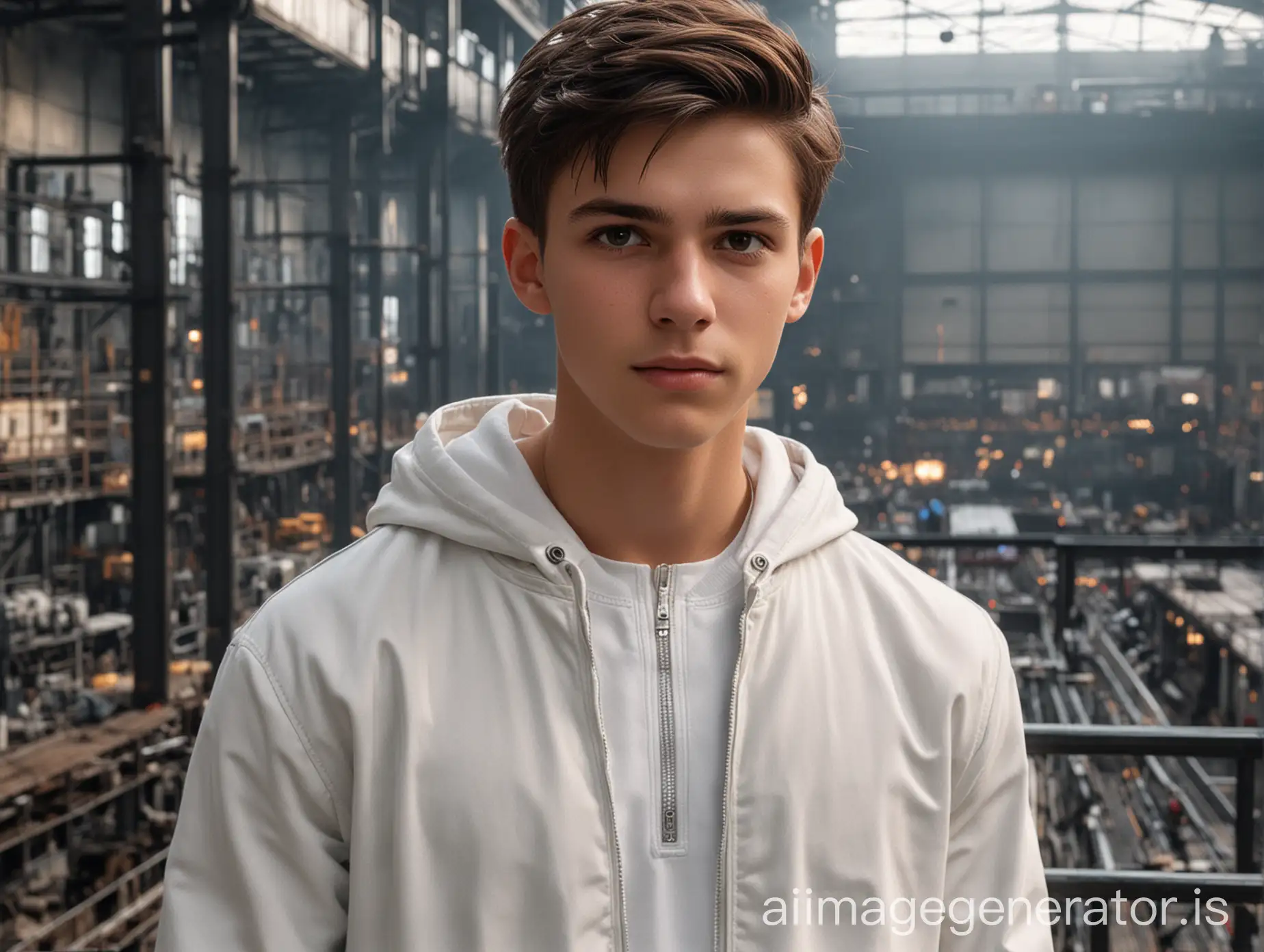 Young-Man-in-White-Outfit-on-Factory-Balcony-Deck