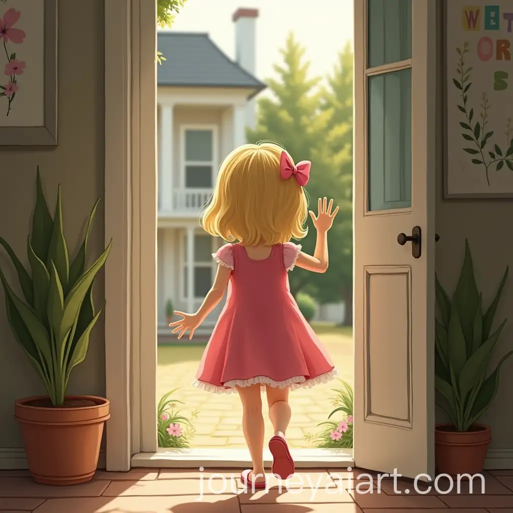 Young-Girl-in-Pink-Dress-Waving-Goodbye-from-Home