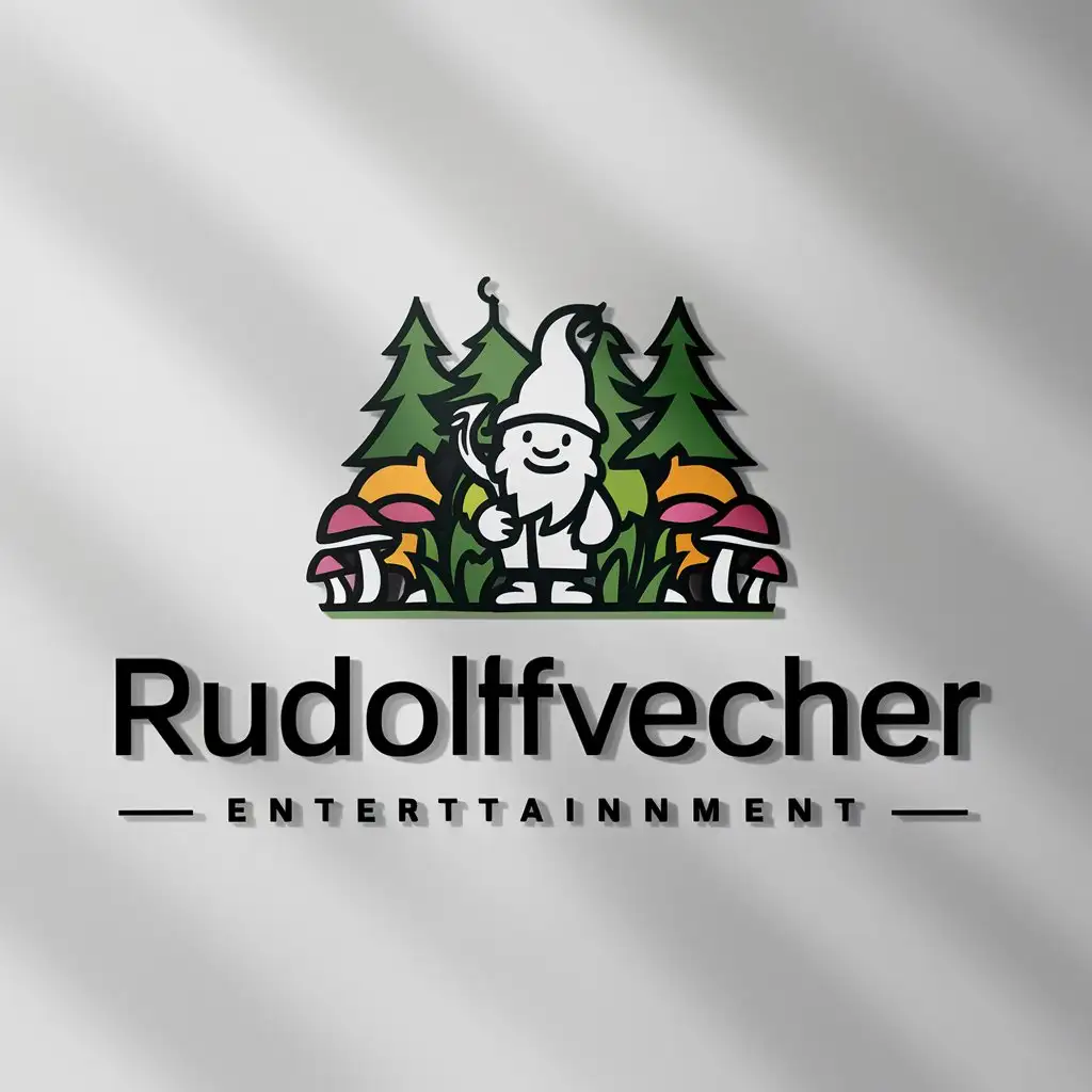 a logo design,with the text "RudolfVecher ", main symbol:Gnome, forest, mushrooms,Moderate,be used in Entertainment industry,clear background