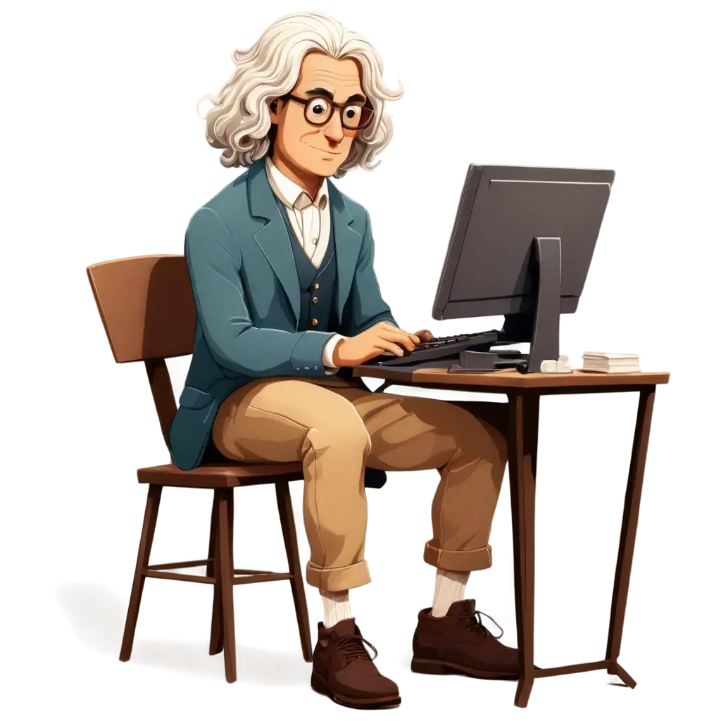 Isaac Newton typing on computer in cartoon style