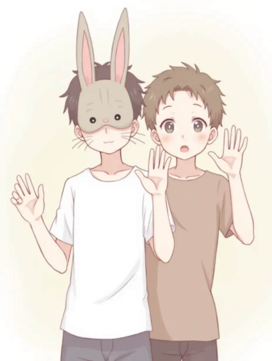 There are two boys. The first boy is wearing a white t-shirt. He is also wearing a mask of a rabbit on his face. The second boy is wearing a brown t-shirt. They are waving at the camera. Anime style.