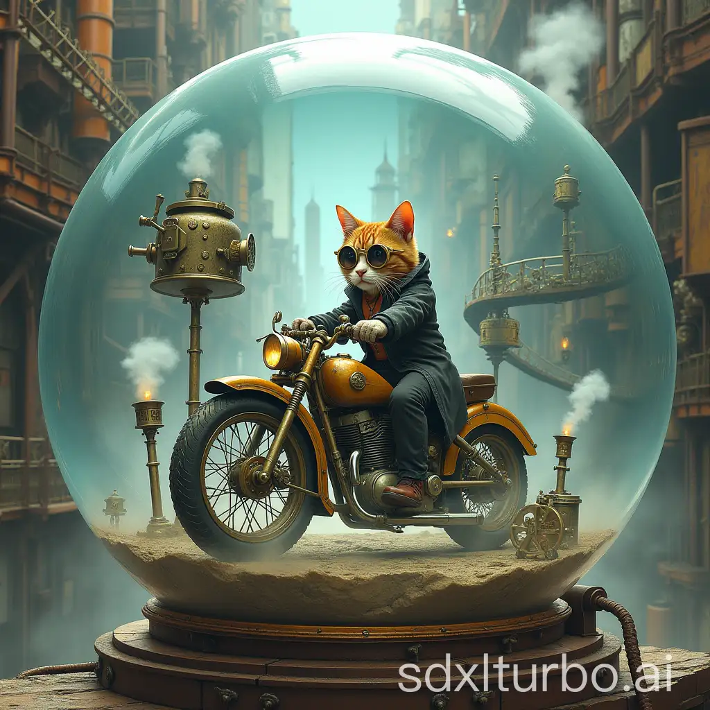 Steampunk-Cat-Riding-Motorcycle-in-Crystal-Ball