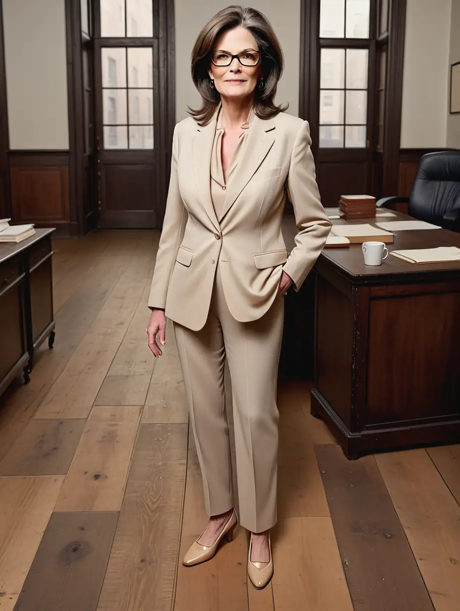 Lisa Feldman Barrett, 60 years old, glasses, straight brown hair, tells and shows with his hand, wooden floor, stands in an old office, full length, beige shoes, beige business suit Dior, warm tone